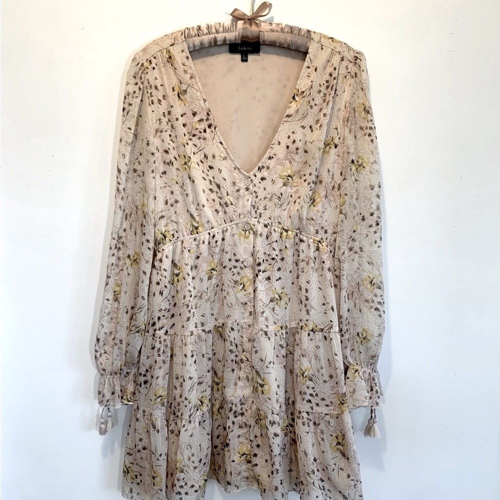 Aakaa Tiered Ruffle Puff Sleeve Mini Dress Large Long Sleeve Fall